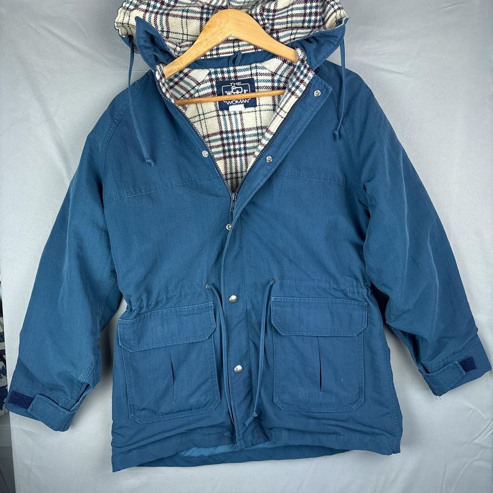 Vintage Woolrich Hooded Parka Jacket Womens Medium Plaid Lined Blue USA Made